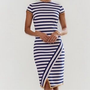 Vince Camuto Size 4 Navy White Striped Faux Wrap Sheath Dress VC04